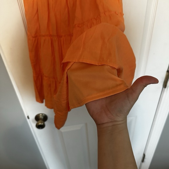 Francescas's Blue Skies Peach Orange NWT Puff Sleeve Tiered Mini Dress Sz Small - Picture 10 of 12